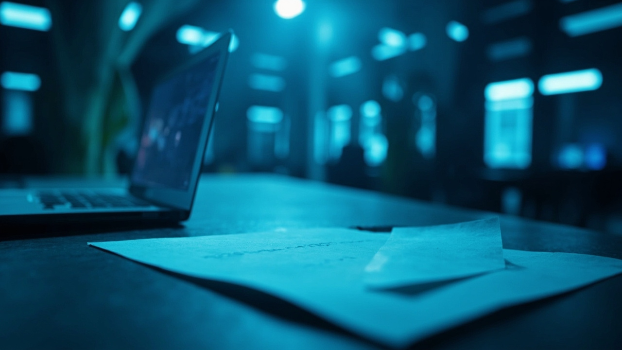 Imagen generada por IA con el prompt: Editorial illustration of an open letter on a desk beside a laptop displaying a browser window, corporate office in soft blue tones, dramatic overhead lighting, no faces or logos