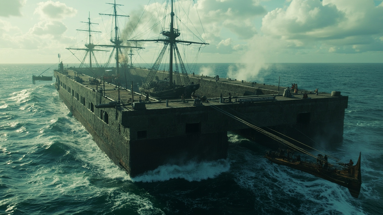 Imagen generada por IA con el prompt: Massive 19th-century iron U-shaped floating dry dock being towed across the Atlantic by British ironclad warships, sail rigged inside the structure, dramatic ocean swells, Victorian maritime scene