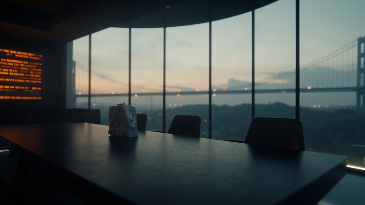 Imagen generada por IA con el prompt: Futuristic minimalist dining room overlooking a suspension bridge at dusk. On a sleek dark table sits a small charcoal-grey crystal module beside a glowing wall screen with code. Cinematic editorial style.