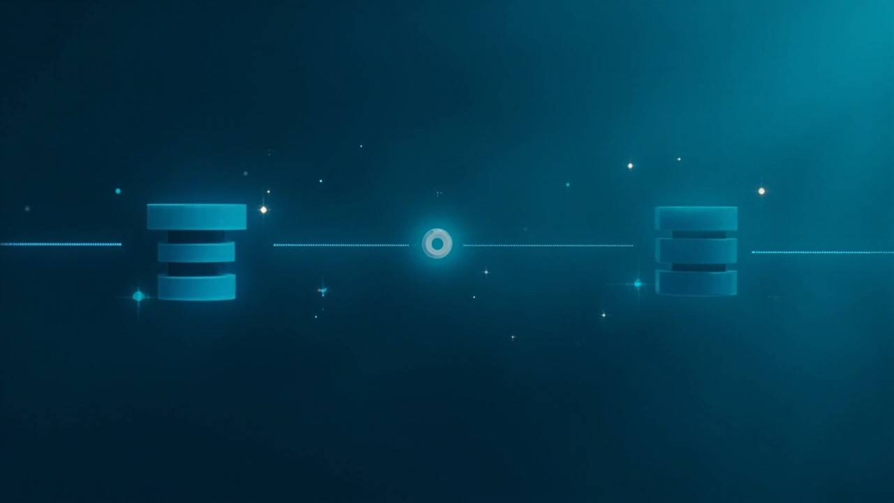 Imagen generada por IA con el prompt: Abstract data pipeline visualization: database cylinder icons on the left connected by flowing dotted streams to message queue blocks on the right, modern flat design, blue and teal color palette, no text or logos