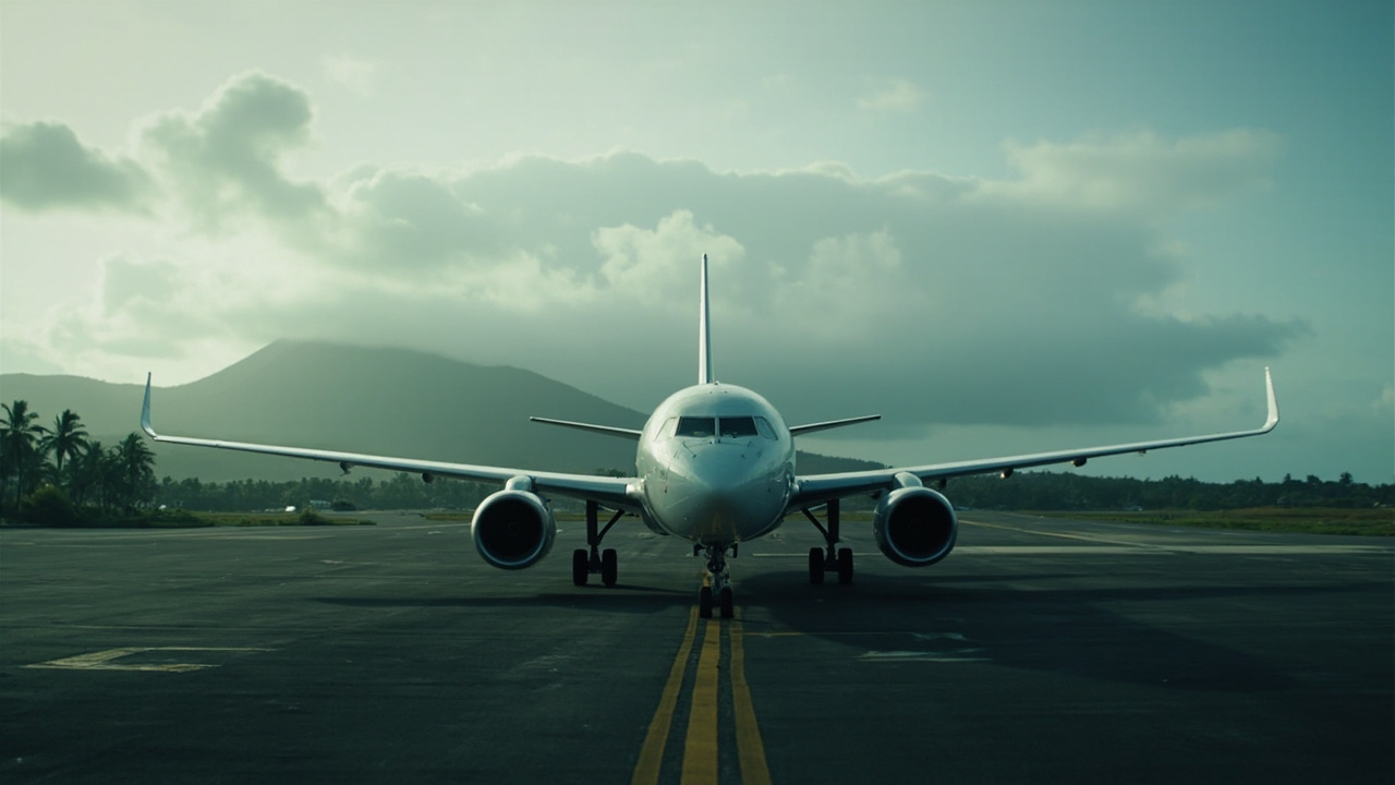 Imagen generada por IA con el prompt: A widebody passenger jet parked on a remote Pacific island airport tarmac, volcanic landscape and palm trees in the background, overcast dramatic sky, editorial aviation photography, no logos or text visible.