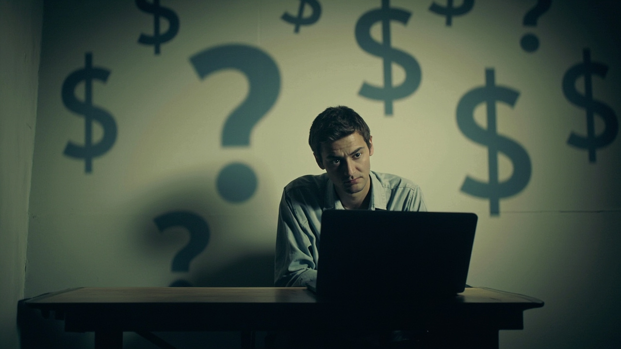 Imagen generada por IA con el prompt: Editorial illustration of a lone figure at a desk with a laptop, shadows of dollar signs and a question mark on the wall behind, muted tones, critical op-ed mood