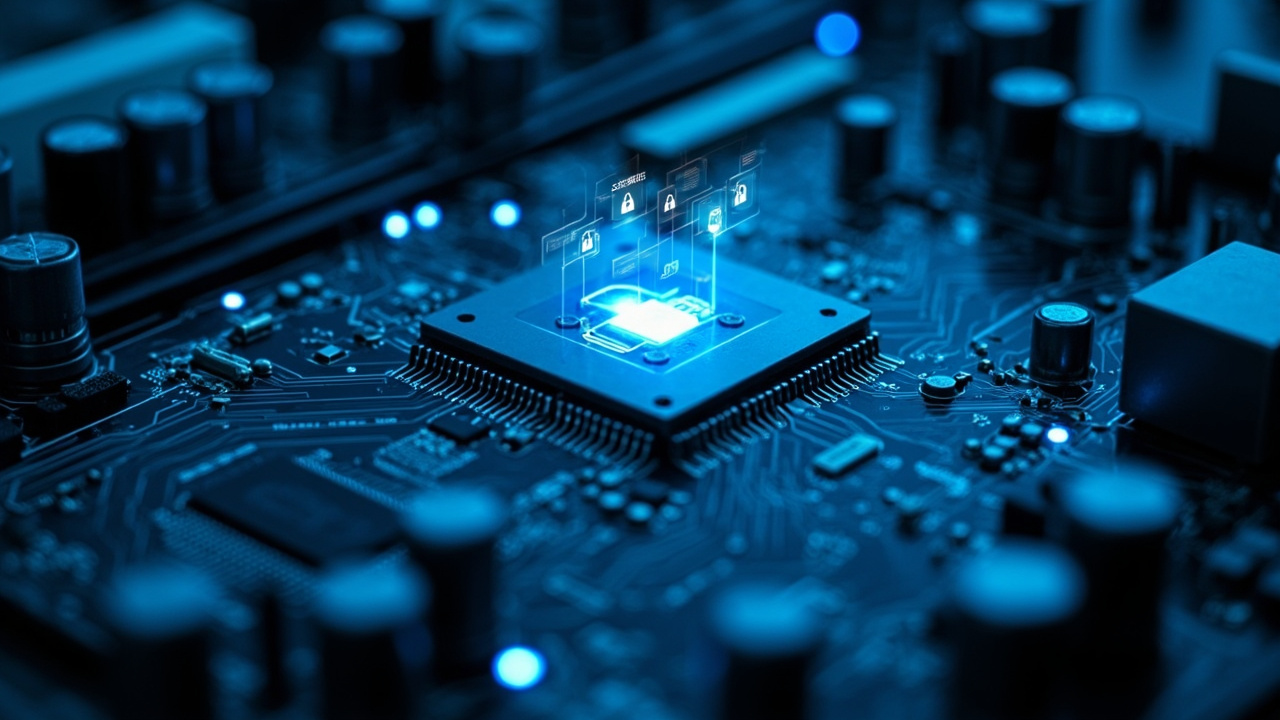 Imagen generada por IA con el prompt: Editorial illustration of a computer motherboard with a highlighted security microchip, glowing padlock icons and circuit traces, blue and silver tones, technical clean style
