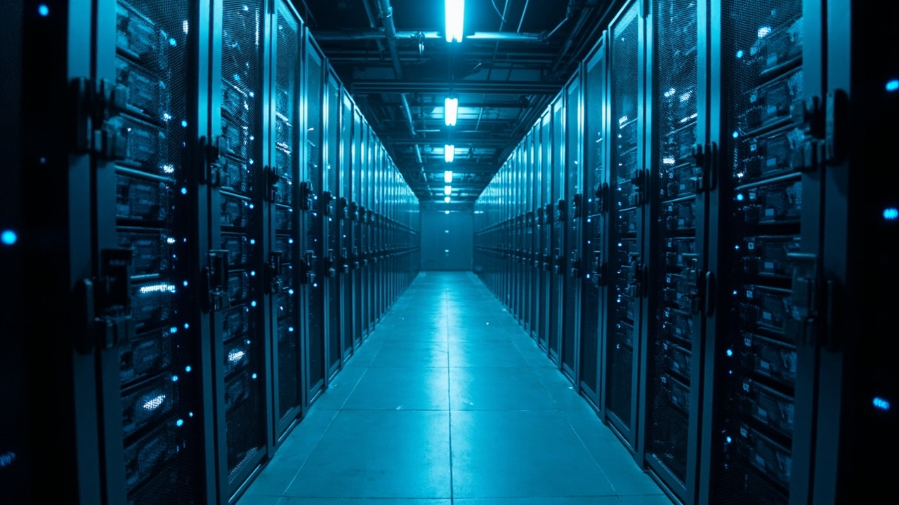 Imagen generada por IA con el prompt: Editorial illustration of a futuristic data center hall with rows of automated tape library racks and disk server cabinets, cool blue lighting, depth perspective, no faces, no logos, no text