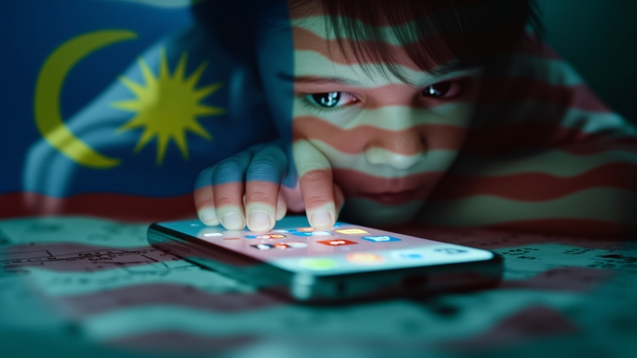 Imagen generada por IA con el prompt: A smartphone screen with social media app icons, a child's hand reaching, overlay of Malaysia flag and legal documents, digital safety theme, editorial style.