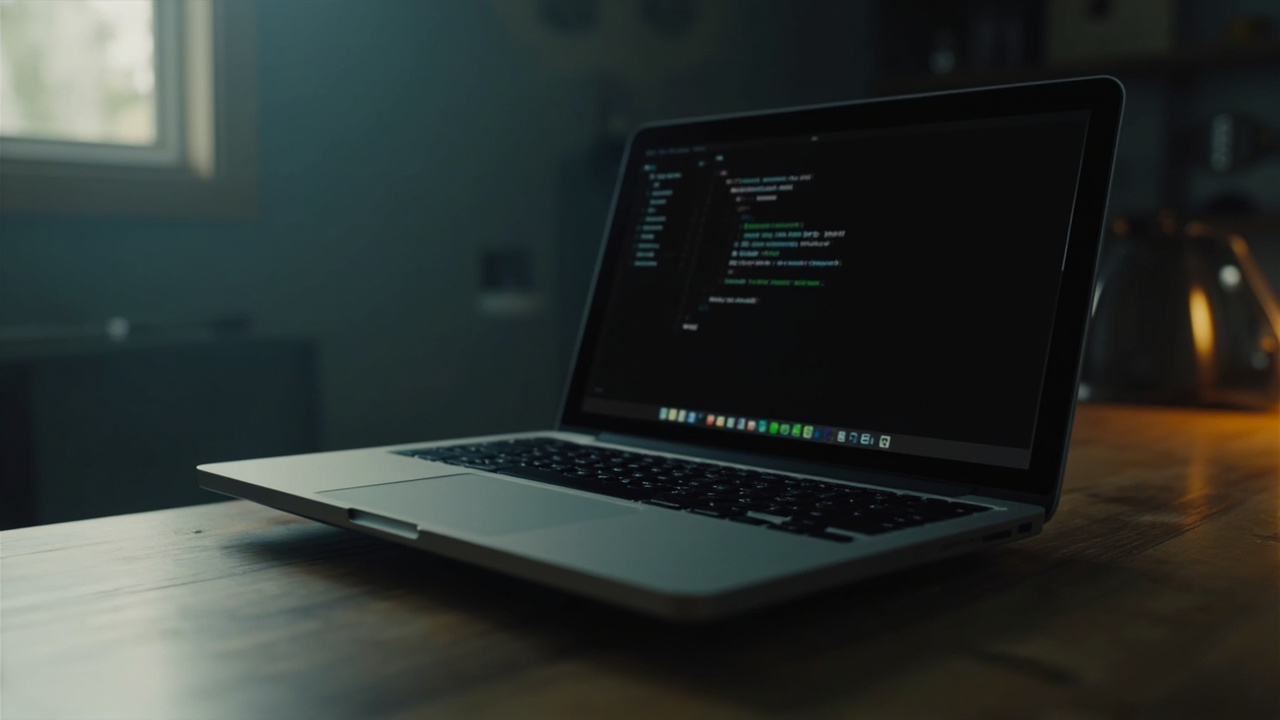Imagen generada por IA con el prompt: Small laptop with Linux desktop, terminal open, on wooden desk, minimalist, no people, no logos, no text, side view, soft lighting.