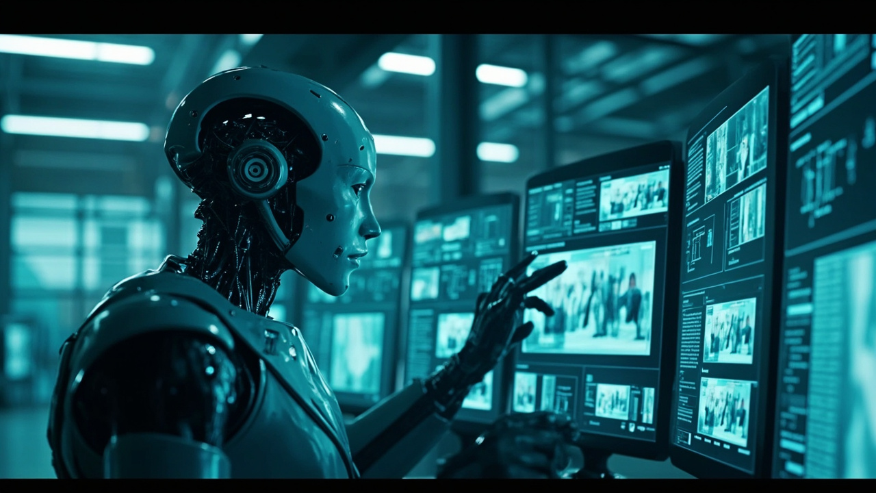 Imagen generada por IA con el prompt: Editorial illustration of a humanoid robot analyzing multiple video streams inside a futuristic warehouse, with neural network data overlays, blue-teal color palette, geometric grid background, no logos, no text