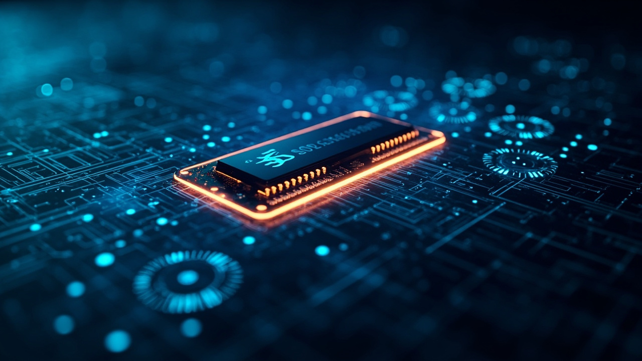 Imagen generada por IA con el prompt: Abstract technical illustration of a glowing memory page with binary digits and compact C struct diagrams floating in a dark blue circuit-board background, editorial style.