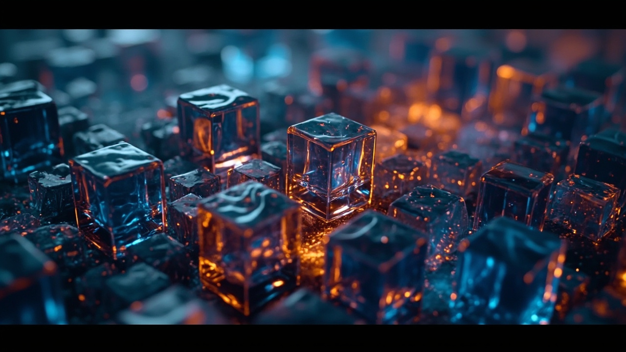Imagen generada por IA con el prompt: 3D grid of translucent cubes with colorful dye flowing through cells, technical illustration, dark background with blue and orange fluid highlights, schematic style