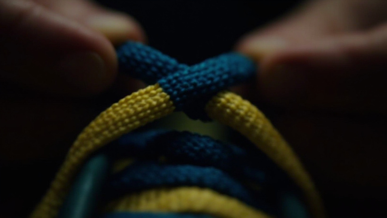 Imagen generada por IA con el prompt: Close-up of hands tying a shoelace with two loops, one blue and one yellow, crossing through a central hole, finished symmetrical knot, no faces, no logos.