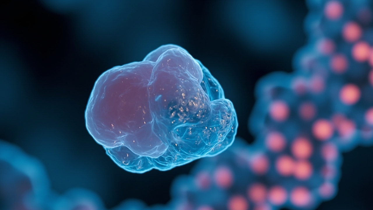 Imagen generada por IA con el prompt: Microscopic view of an embryo limb bud developing, abstract molecular structures representing gene silencing, soft scientific illustration, pastel blue and pink tones, dark laboratory background