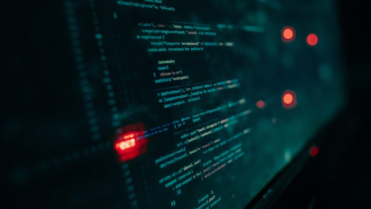Imagen generada por IA con el prompt: Dark code editor window with glowing config files transforming into trapdoors, red warning lights scattered, moody blue and green cyber atmosphere, abstract, no text