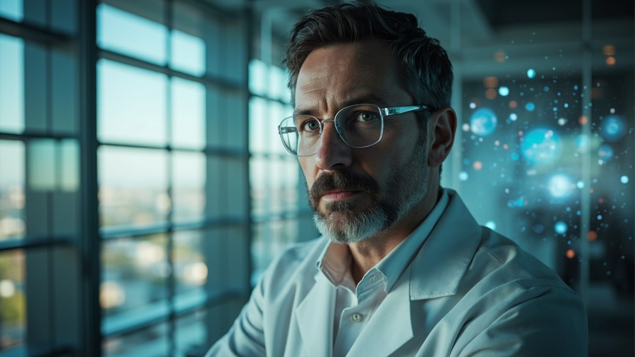 Imagen generada por IA con el prompt: Editorial portrait of a male scientist in a modern glass-walled office, soft natural light, abstract neural network and quantum computer visualizations floating in background, professional magazine style