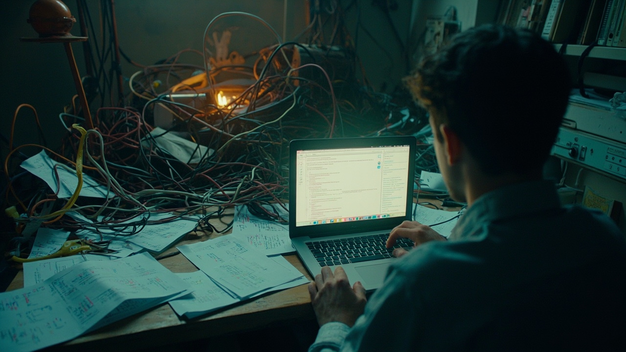 Imagen generada por IA con el prompt: A messy desk with tangled cables, scattered code snippets on printouts, and a glowing laptop screen reflecting a developer contemplating the chaos, editorial illustration style, muted colors.
