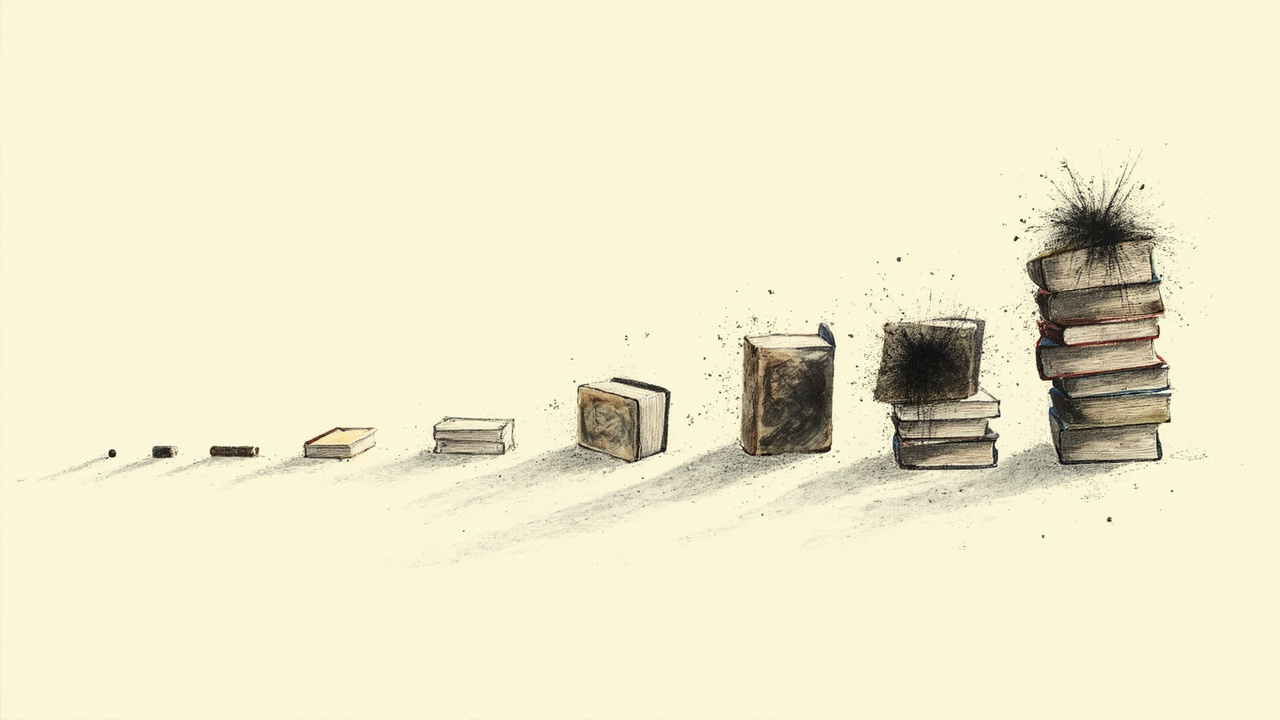 Imagen generada por IA con el prompt: Editorial illustration: a timeline of C++ standard books being erased and rewritten, with deprecation stamps, no text, abstract style, clean background.