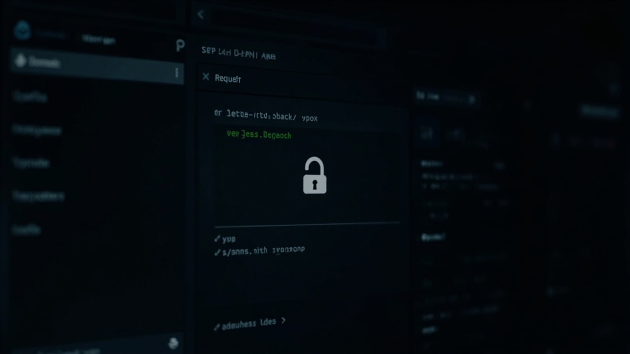 Imagen generada por IA con el prompt: Minimal dark-themed developer interface showing a network proxy dashboard with request/response panels, a terminal window with a curl command, and a stylized padlock icon representing HTTPS inspection. No real faces or b