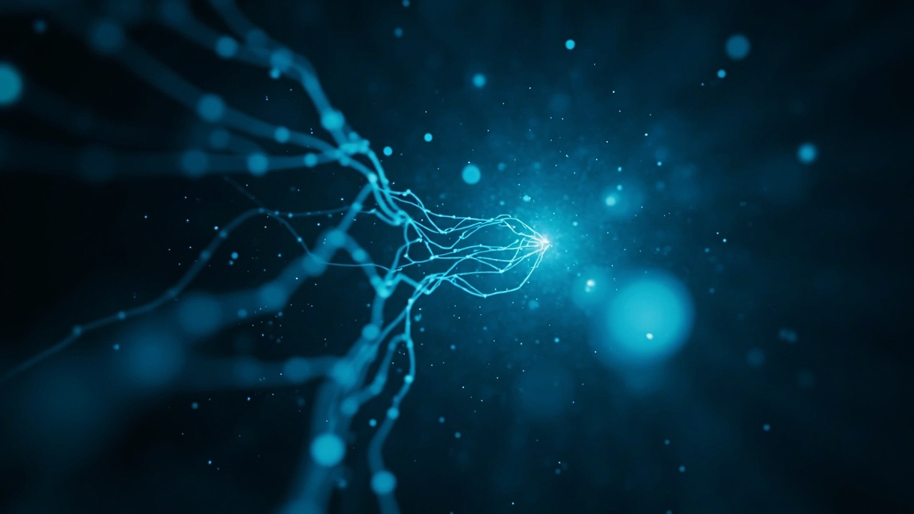 Imagen generada por IA con el prompt: Editorial illustration of glowing parallel threads merging into a single structured tree of nodes, dark blue background with cyan accents, technical and abstract style, no text or logos.
