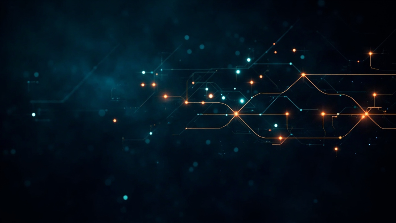 Imagen generada por IA con el prompt: Abstract geometric composition of interconnected nodes and morphisms on a deep navy background, glowing in cyan and amber, evoking category theory diagrams and a layered compilation pipeline. Clean, technical, editorial 