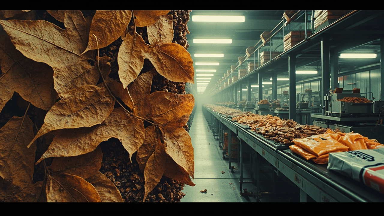 Imagen generada por IA con el prompt: Editorial illustration: 1980s corporate headquarters split into two halves, tobacco leaves on one side and an industrial food production line with packaged snacks on the other, muted corporate color palette, conceptual s