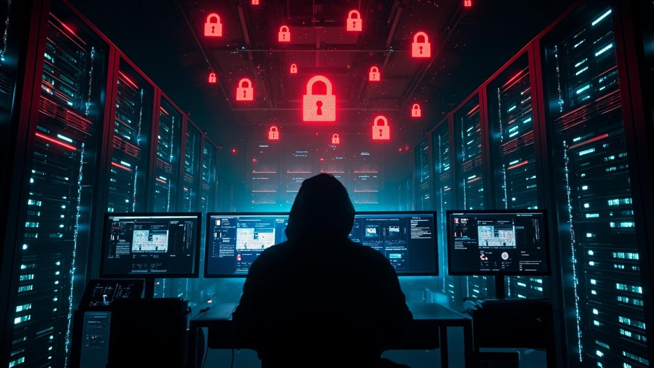 Imagen generada por IA con el prompt: Glowing server racks in a dark data center, red digital lock icons floating above screens, hacker silhouette in foreground, cyberattack atmosphere, editorial illustration style