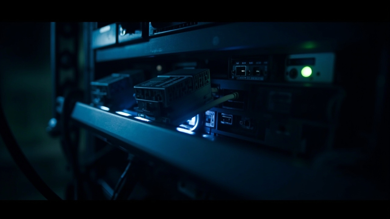 Imagen generada por IA con el prompt: Rack-mounted homelab setup with several small IP KVM devices, HDMI and ethernet cables plugged into a server, soft blue LED status glow, modern dark editorial tech photography