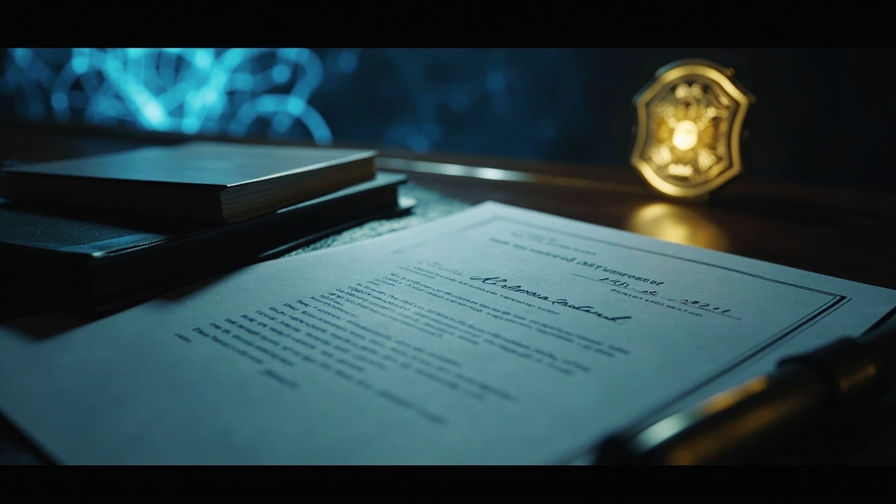 Imagen generada por IA con el prompt: Formal editorial illustration: a signed executive order document on an official desk, with a glowing blue AI neural network and a golden cyber shield in the background, soft lighting, no faces or logos