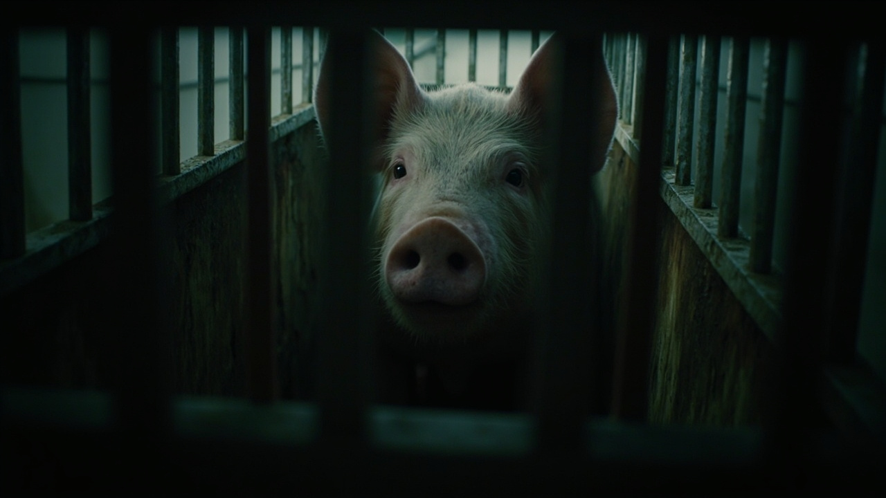Imagen generada por IA con el prompt: A sow confined in a narrow metal gestation crate inside a dimly lit industrial pig barn, bars pressing close, conveying long-term confinement and suffering.