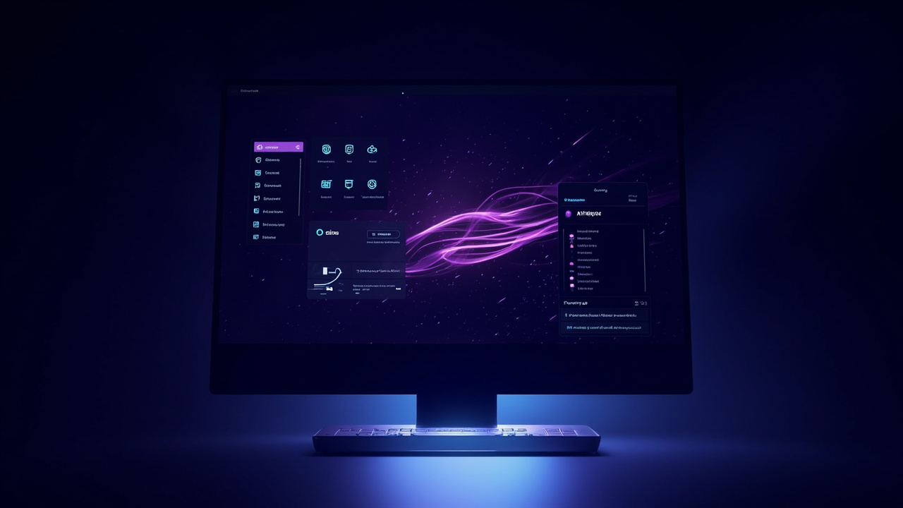 Imagen generada por IA con el prompt: Futuristic minimalist desktop interface on a dark screen, glowing purple and cyan accents, abstract AI widgets and floating code panels, soft ambient lighting, editorial tech illustration style