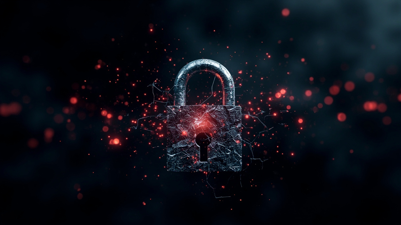 Imagen generada por IA con el prompt: Broken digital padlock with DNA helix emerging from cracks, red warning icons, dark cybersecurity background, data breach concept.