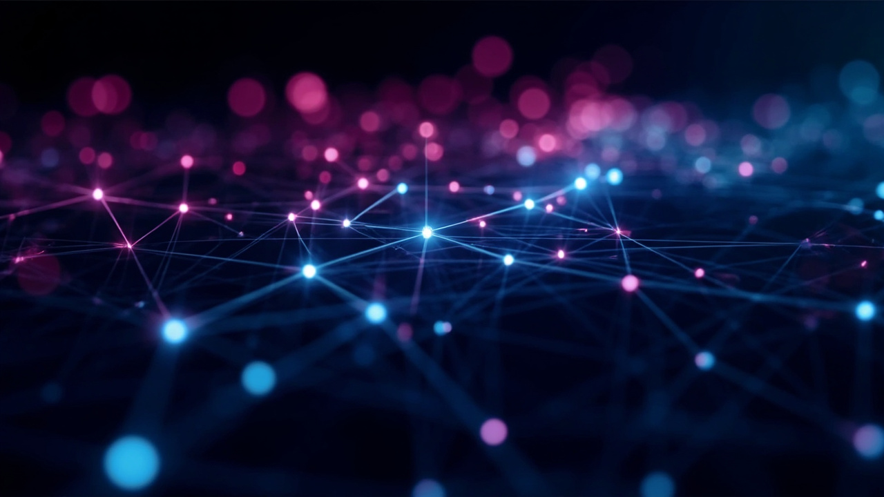 Imagen generada por IA con el prompt: Abstract editorial illustration of glowing AI workflow nodes connected by translucent lines, dark navy background with magenta and cyan accents, futuristic technical mood, no people or text