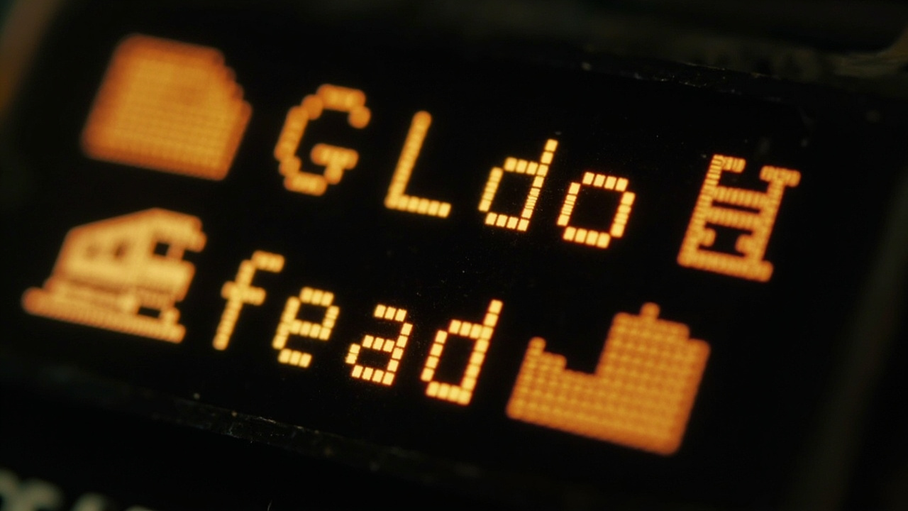 Imagen generada por IA con el prompt: Close-up of a small dot-matrix LCD display showing slanted text and tiny pixel icons of a train and a stadium, warm ambient light, editorial photography style, no faces or brand logos.
