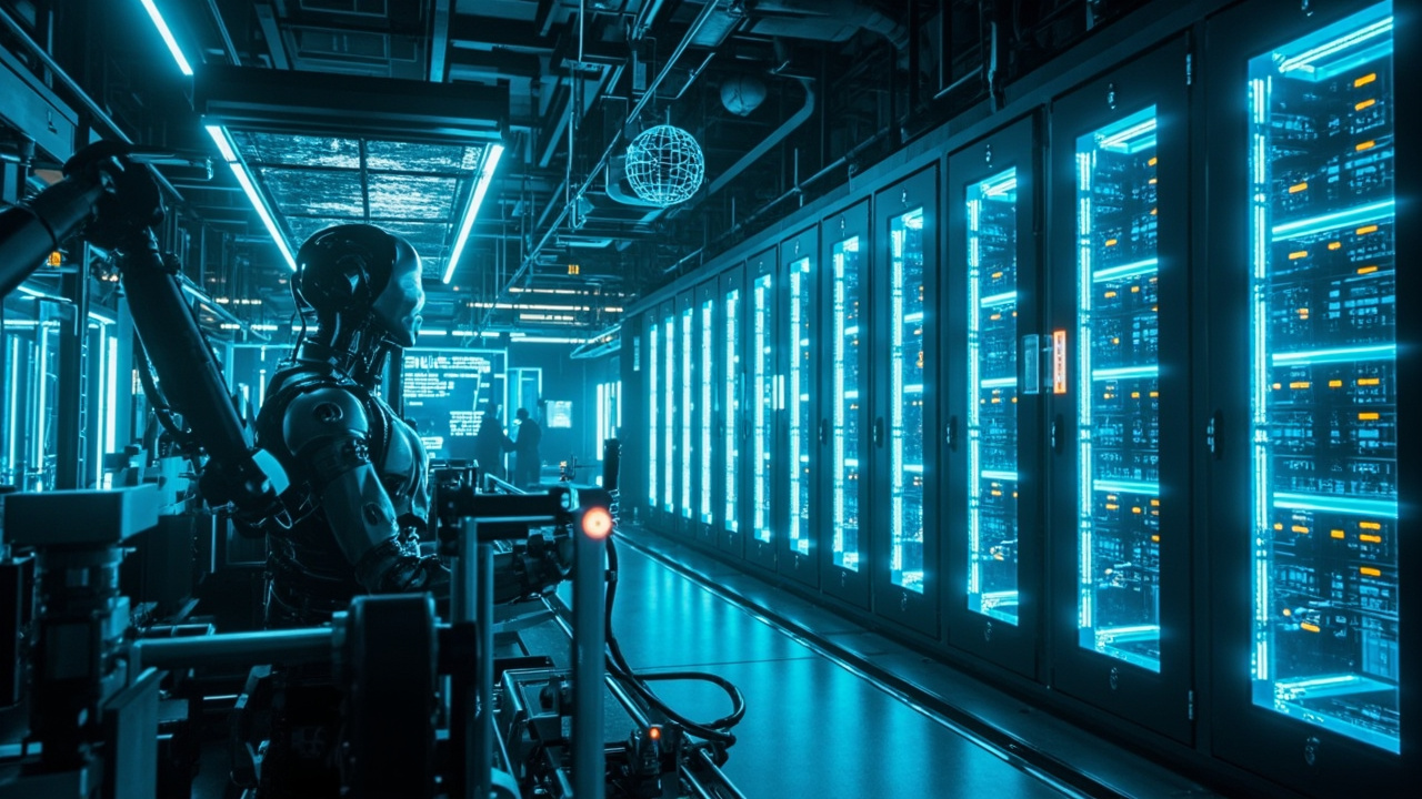 Imagen generada por IA con el prompt: Futuristic data center interior with glowing blue server racks and liquid cooling pipes, a humanoid robot arm beside robotic assembly line, holographic AI interfaces, cool blue and white tones, editorial style