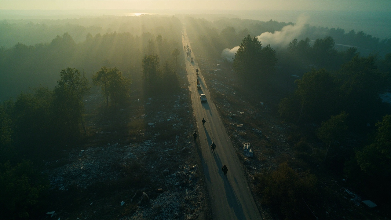 Imagen generada por IA con el prompt: A drone's-eye view over a devastated eastern Ukrainian town, with soldiers moving cautiously through forest, surveillance and destruction, style of photojournalism, no faces or logos.