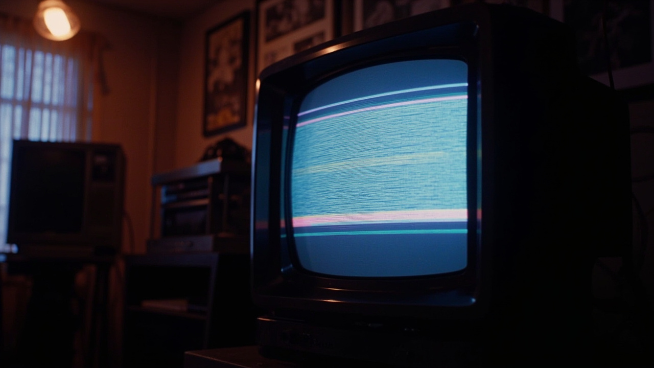 Imagen generada por IA con el prompt: Retro CRT television displaying VHS static with rainbow color shifts, tracking lines and scan lines visible on the curved screen, warm glow in a dark 80s-style room, cinematic mood.