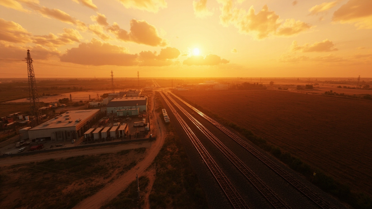 Imagen generada por IA con el prompt: Wide aerial view of 87 acres of Texas farmland next to a power substation and railroad tracks, with a construction site marker and a data center rendering overlay, warm sunset light, editorial illustration style