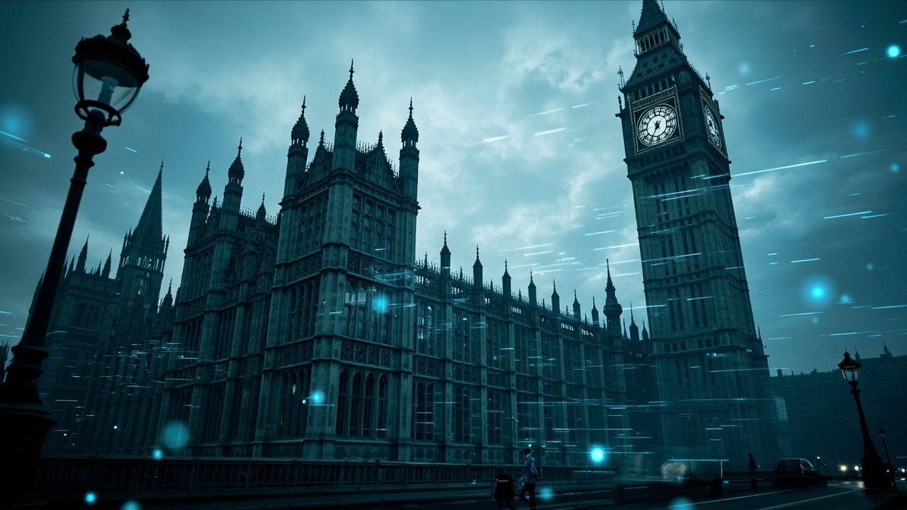 Imagen generada por IA con el prompt: Editorial photograph of UK Parliament Westminster exterior overlaid with abstract digital data streams and circuit patterns, cool blue-gray tones, moody atmosphere, no people or logos visible