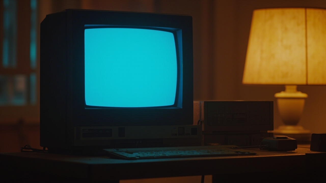 Imagen generada por IA con el prompt: Retro CRT monitor displaying a minimalist blue desktop on a wooden desk, old beige PC tower beside it, warm tungsten lamp light, pixel art aesthetic, nostalgic 1990s vibe