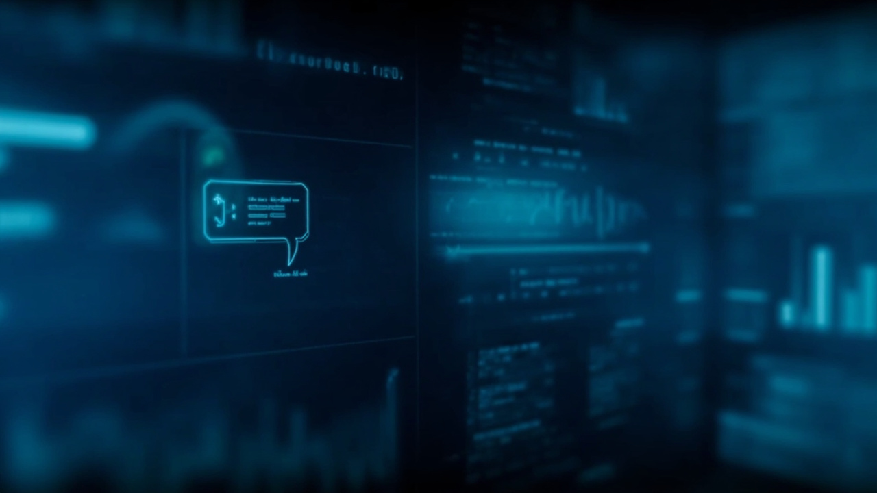 Imagen generada por IA con el prompt: A sleek financial analytics dashboard with interactive charts, an AI chat bubble, and company data panels, minimalist design in blue and white tones, no visible faces or text.