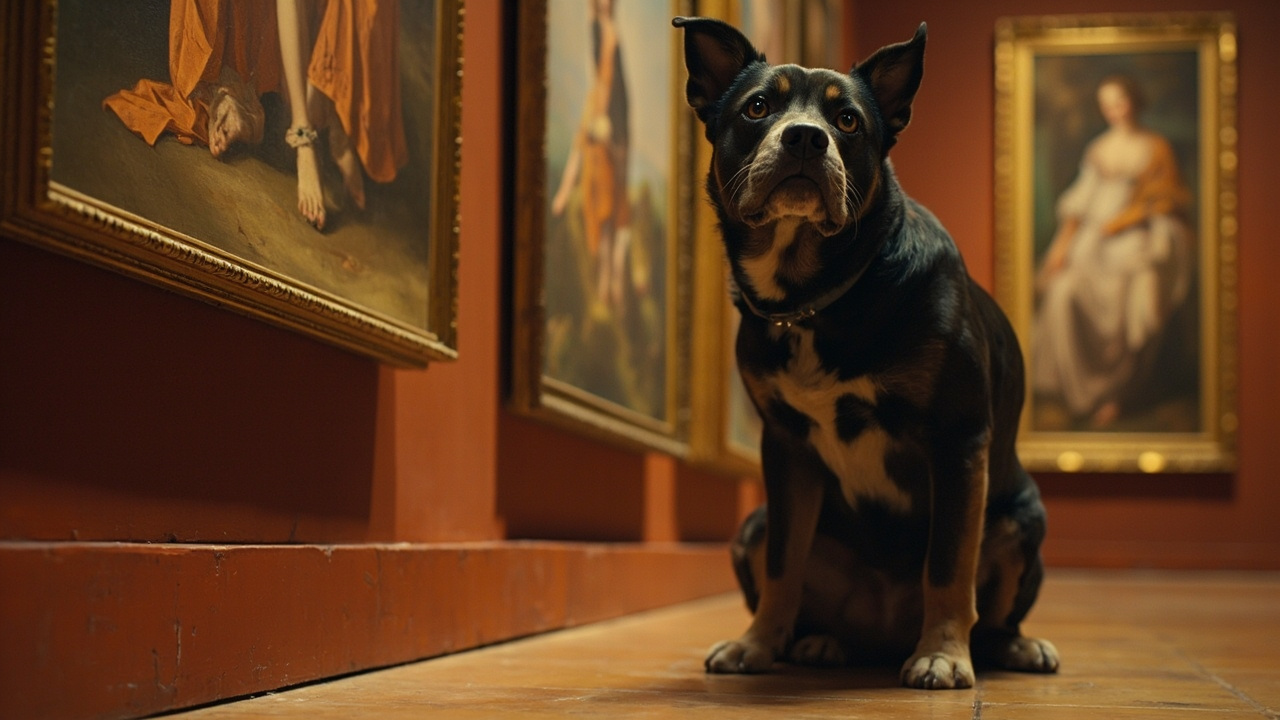 Imagen generada por IA con el prompt: Editorial illustration: a watchful dog sitting beside a gallery wall covered in classical paintings, eyes fixed intently on the viewer, warm museum lighting, painterly style.