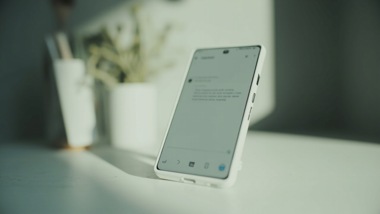 Imagen generada por IA con el prompt: Low-cost Android smartphone on a plain desk displaying a simple AI chat interface, soft natural lighting, minimalist editorial style, shallow depth of field, no logos or text