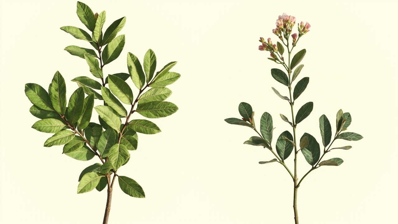 Imagen generada por IA con el prompt: Side-by-side botanical illustration of an acacia plant: on the left, a juvenile specimen with lush compound green leaves; on the right, an adult specimen with simplified flat leaves and small flowers, in soft natural lig