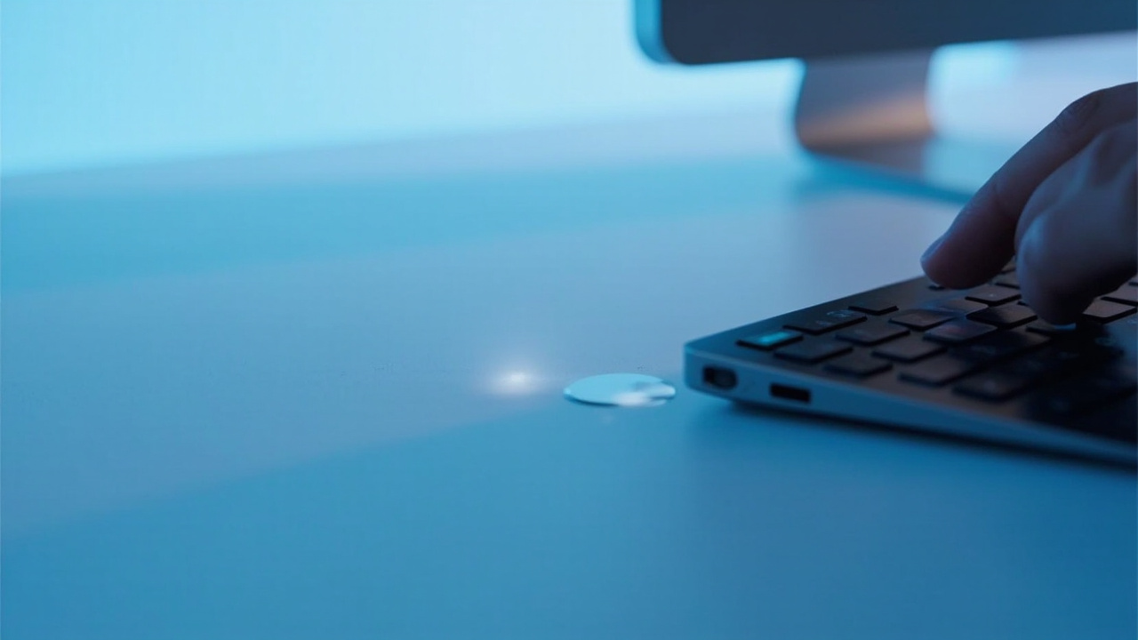 Imagen generada por IA con el prompt: Minimal macOS desktop scene: a hand reaching for a media key on a keyboard, a translucent Music app icon fading away, soft blue and white tones, clean flat editorial illustration