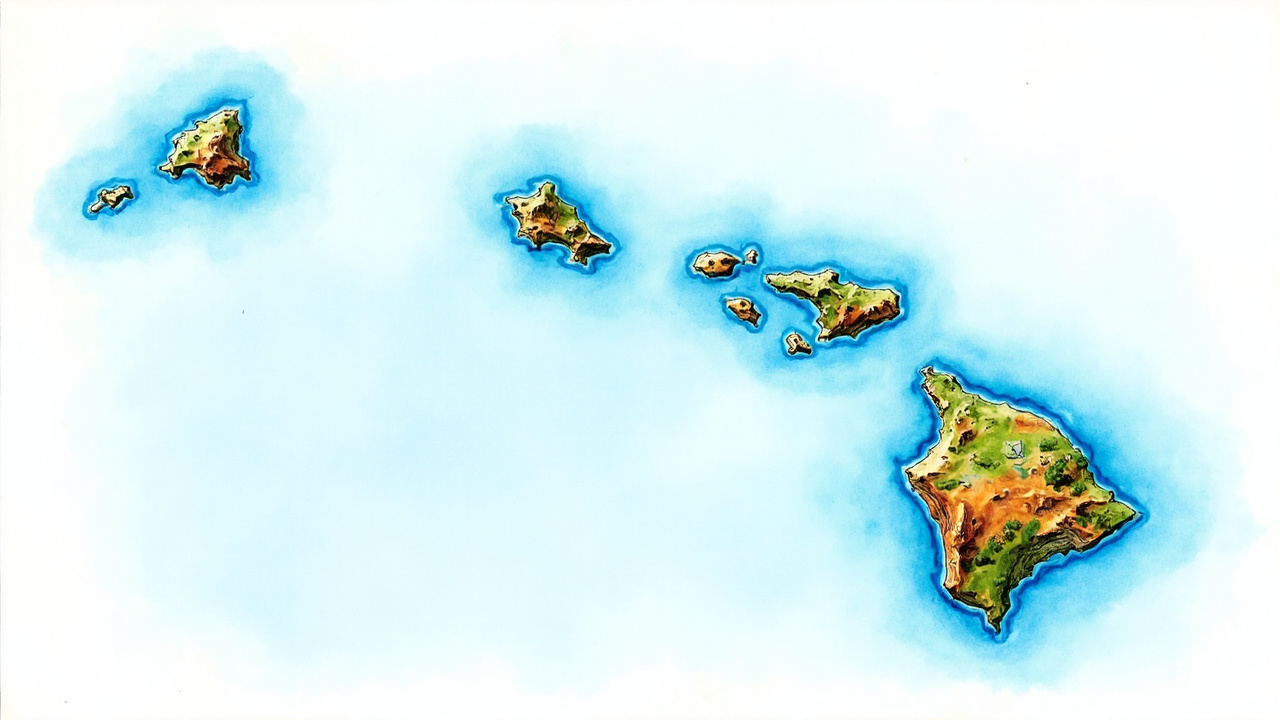 Imagen generada por IA con el prompt: Hand-painted watercolor map of the Hawaiian Islands archipelago, vibrant blue ocean gradient, small volcanic islands, Copic marker texture, artistic cartography on white paper, editorial illustration style