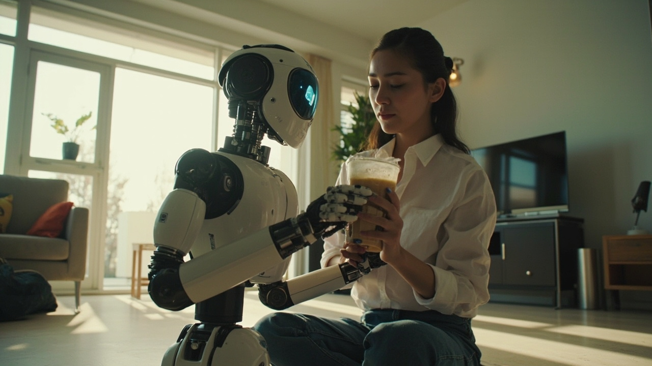 Imagen generada por IA con el prompt: Stretch robot on wheeled base with telescoping arm and sensor head, in a modern living room, assisting a person by holding a protein shake, soft natural lighting, photorealistic editorial style.