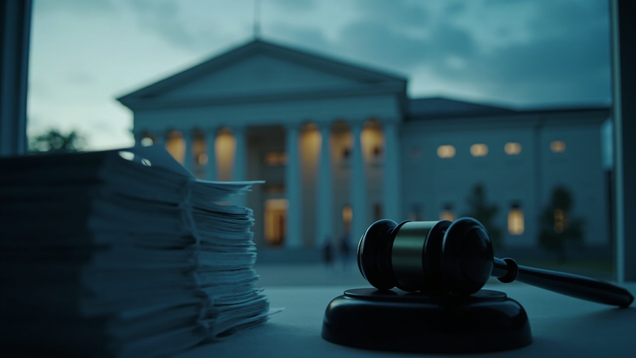 Imagen generada por IA con el prompt: Modern German federal government building in Bonn at dusk, stacks of legal documents and a gavel on a polished desk, soft blue and gray editorial tones, no text or faces.