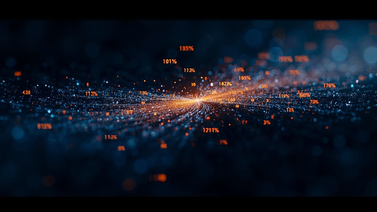 Imagen generada por IA con el prompt: Abstract digital illustration of integer multiplication: two 32-bit binary strings combine to form a 64-bit result with a sparse distribution showing only 17% coverage, mathematical formulas overlay, blue and orange colo