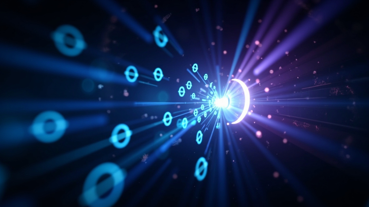 Imagen generada por IA con el prompt: Abstract network visualization: glowing UDP packets flying through a dark tunnel, each wrapped in a translucent AEAD shield, selective retransmission arrows re-routing lost packets, cyber blue and purple tones, technical