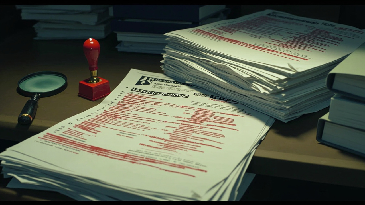 Imagen generada por IA con el prompt: Editorial illustration: stacks of redacted grant documents on a government desk with a red stamp and a magnifying glass, muted tones, no faces, no logos, no text