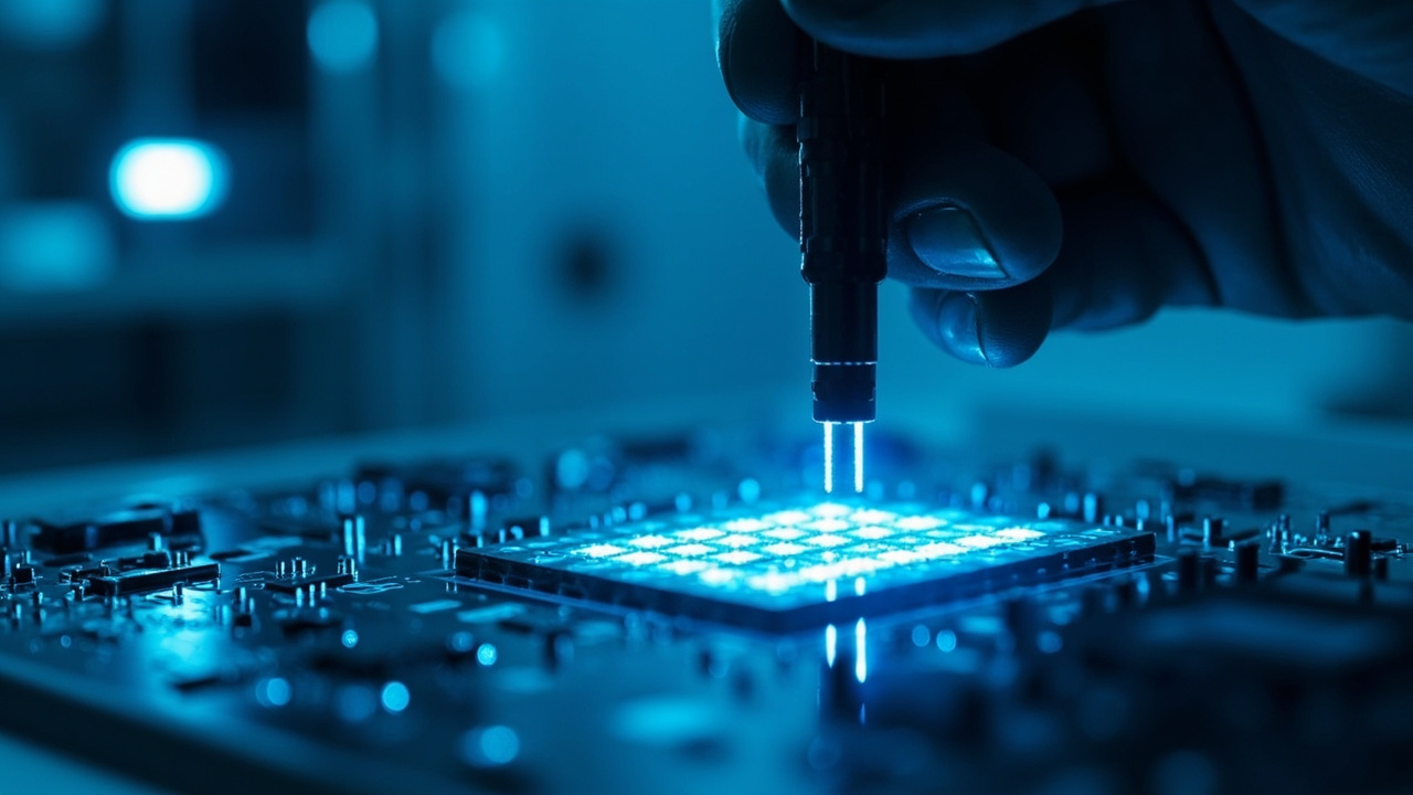Imagen generada por IA con el prompt: Editorial illustration of a single carbon nanotube being placed onto a silicon quantum chip inside a cleanroom, glowing blue light, nanometer-scale precision, no faces or logos, modern scientific style