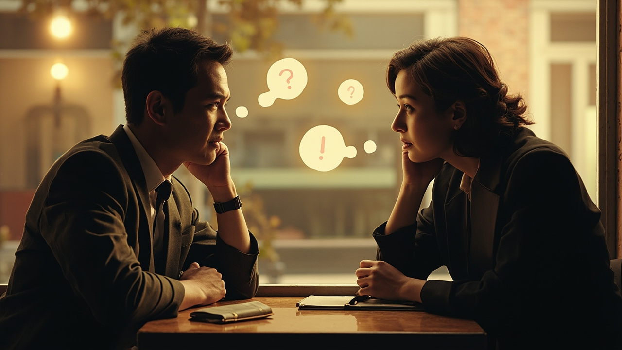 Imagen generada por IA con el prompt: Two people at a cafe table in conversation, one with a distant polite smile, the other leaning in attentively, subtle thought bubbles and faint code symbols floating between them, editorial illustration, muted warm tones